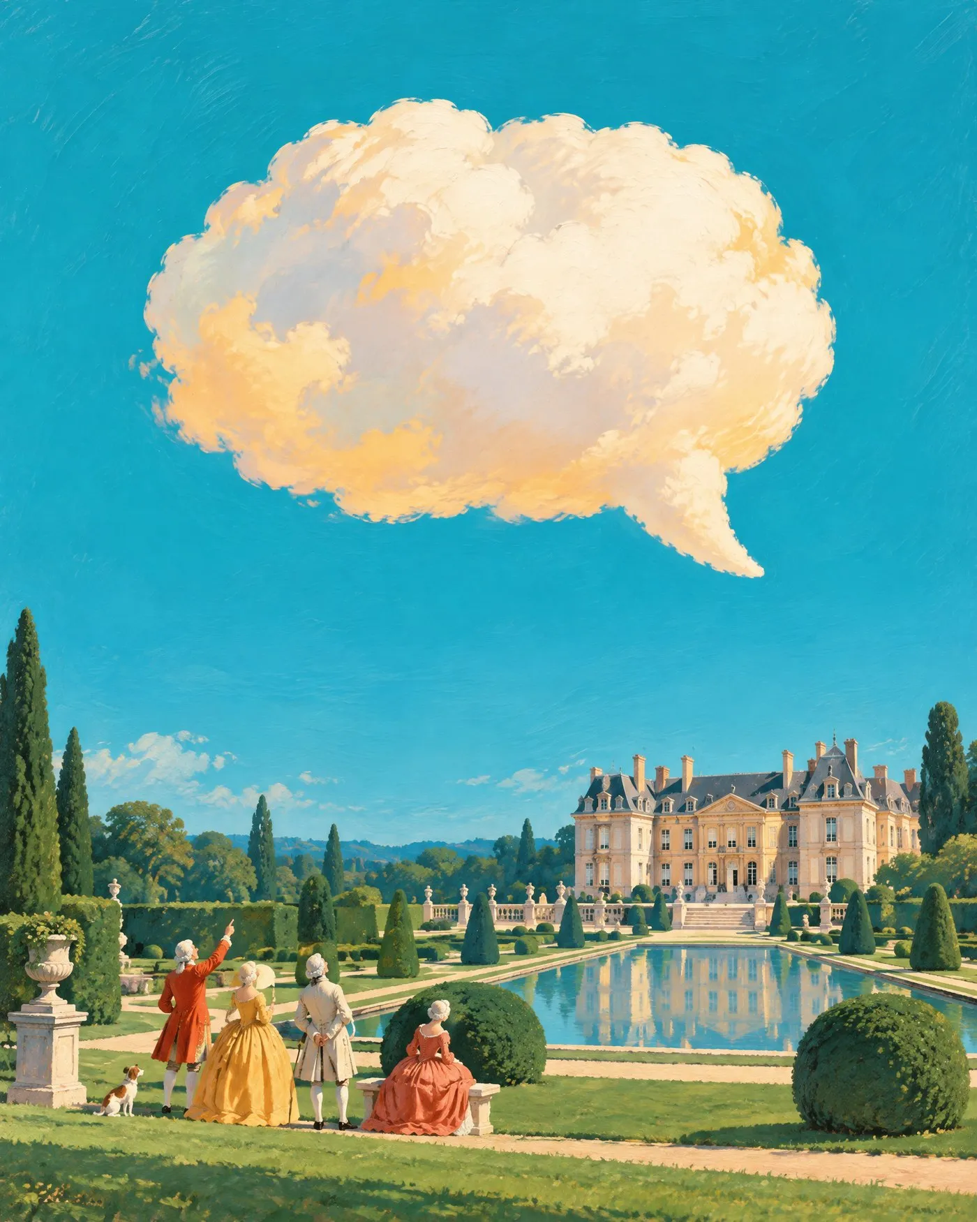 Painting of a cloud shaped like a speech bubble over a château garden, as a gentleman in a red coat points up at it for three companions