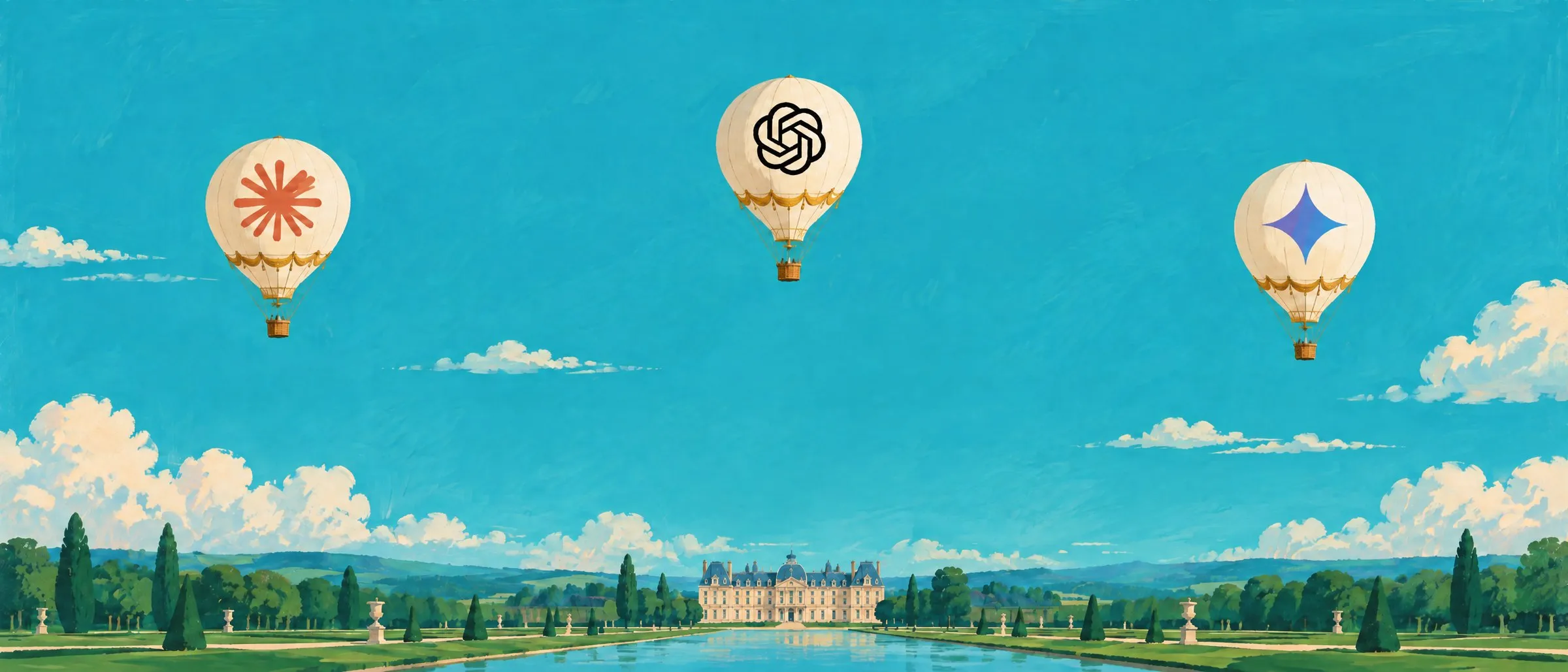 Painting of three hot-air balloons bearing the Claude, ChatGPT and Gemini emblems, drifting in a wide turquoise sky over a distant château