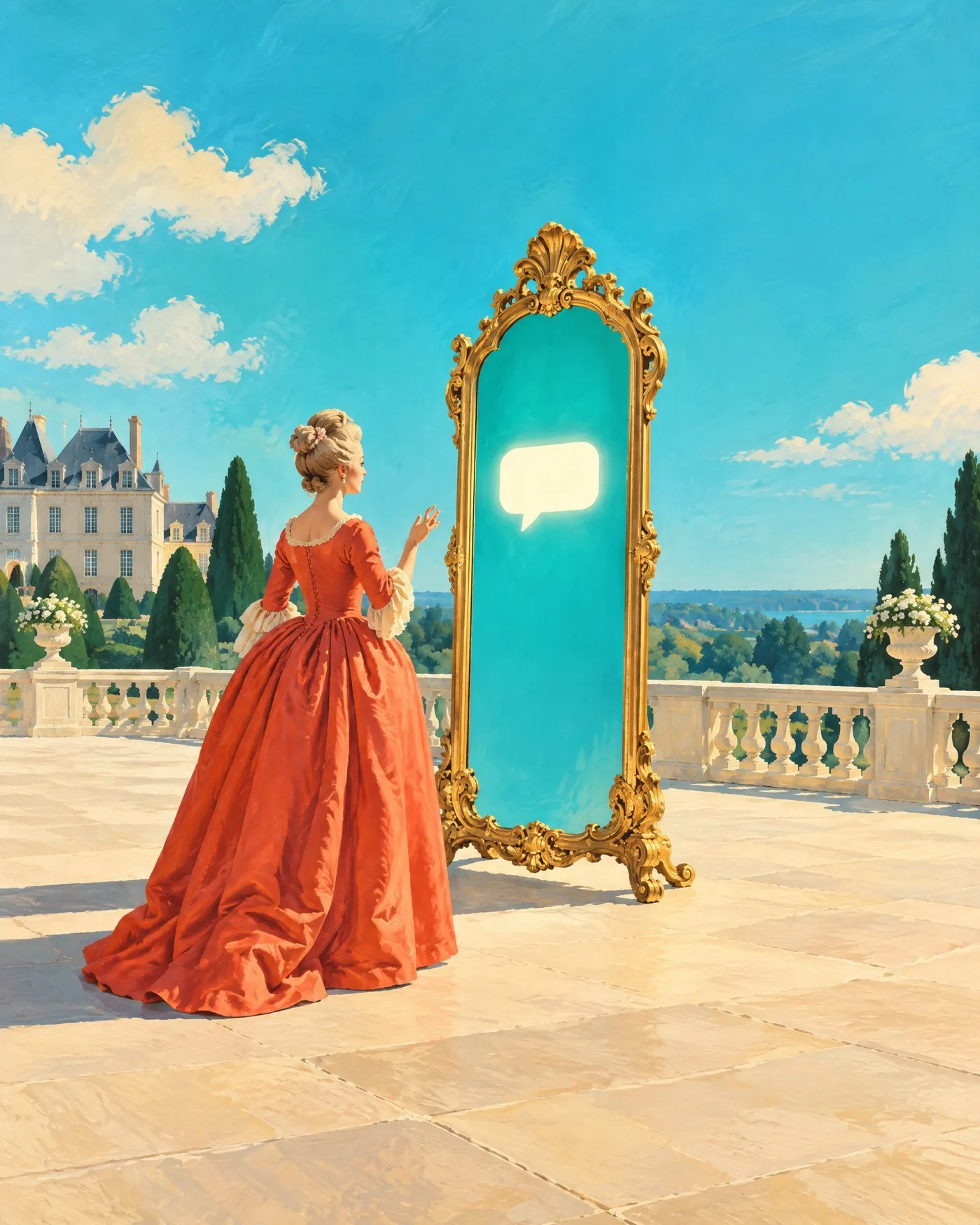 Painting of a lady in a terracotta gown asking a tall gilded mirror on a château terrace, its glass glowing turquoise with a chat bubble instead of her reflection