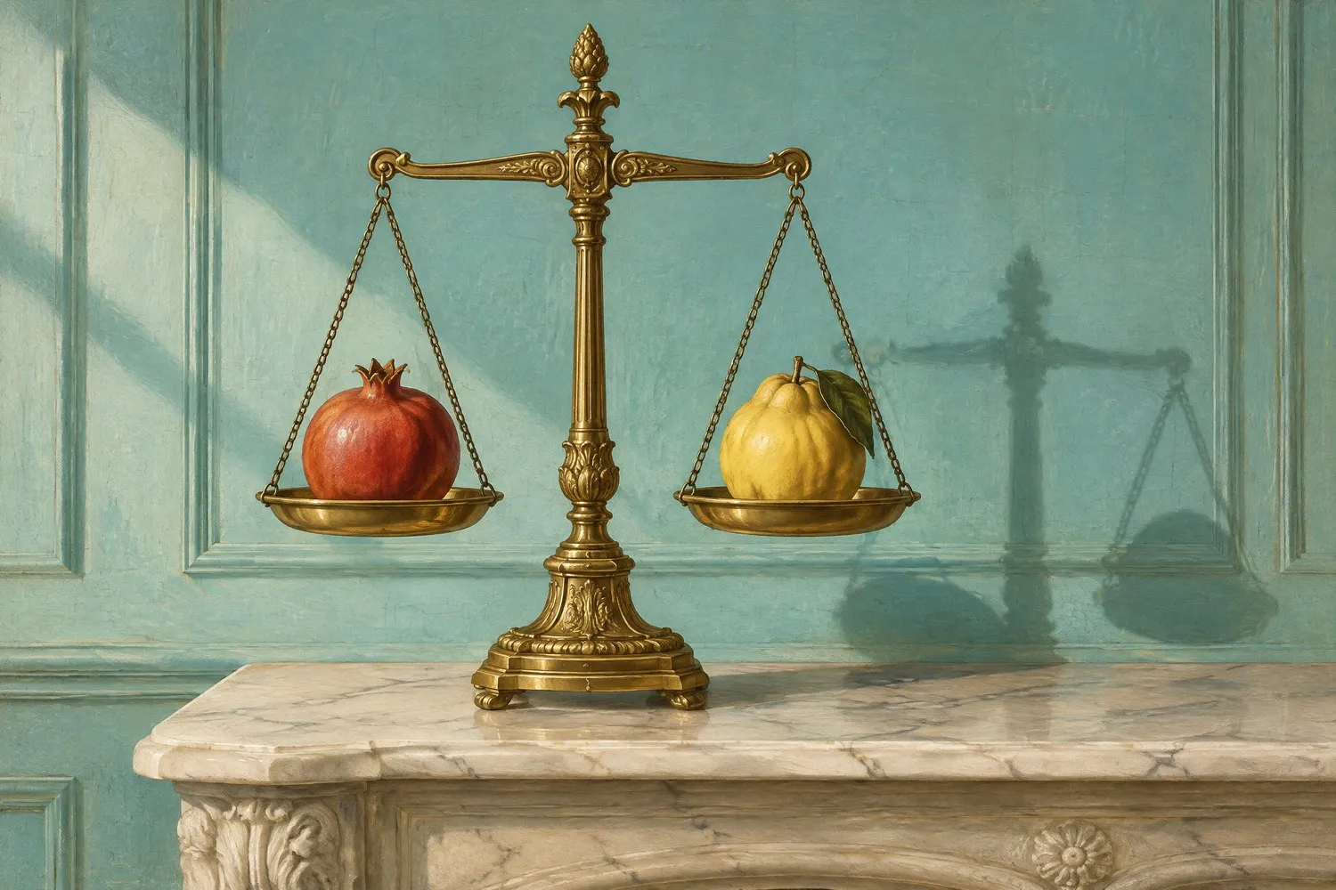 Oil painting of an ornate brass balance scale on a marble console against a pale turquoise wall, its pans level, holding a pomegranate and a quince