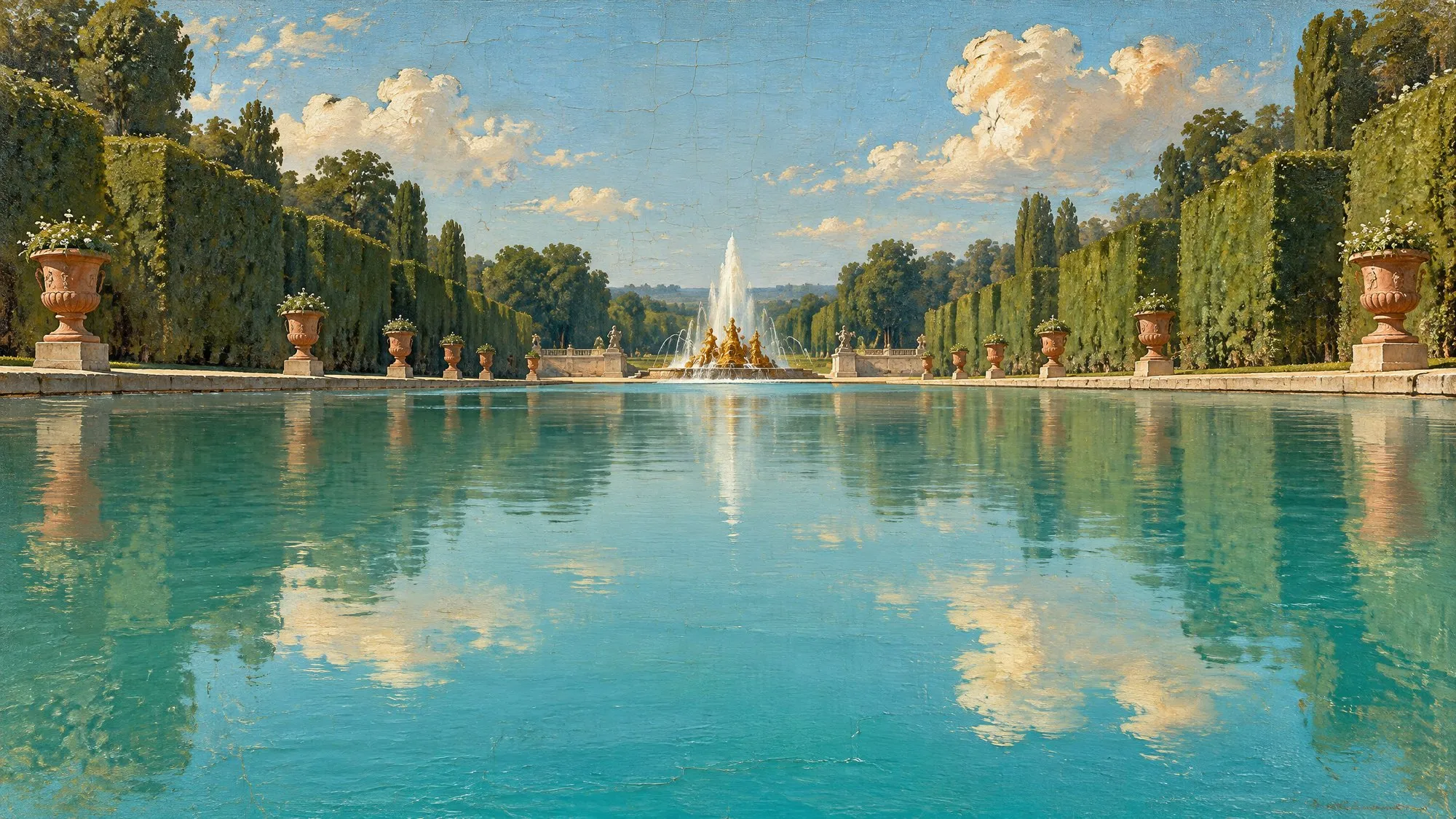 Oil painting of a long reflecting canal lined with clipped hedges and terracotta urns, a gilded fountain at its far end