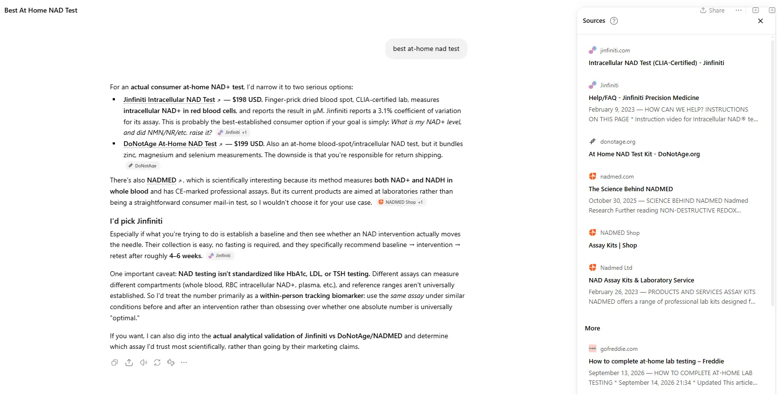 ChatGPT answer to “best at-home nad test” naming Jinfiniti’s Intracellular NAD Test first, with the Sources panel open and jinfiniti.com listed as the first source, followed by DoNotAge and NADMED