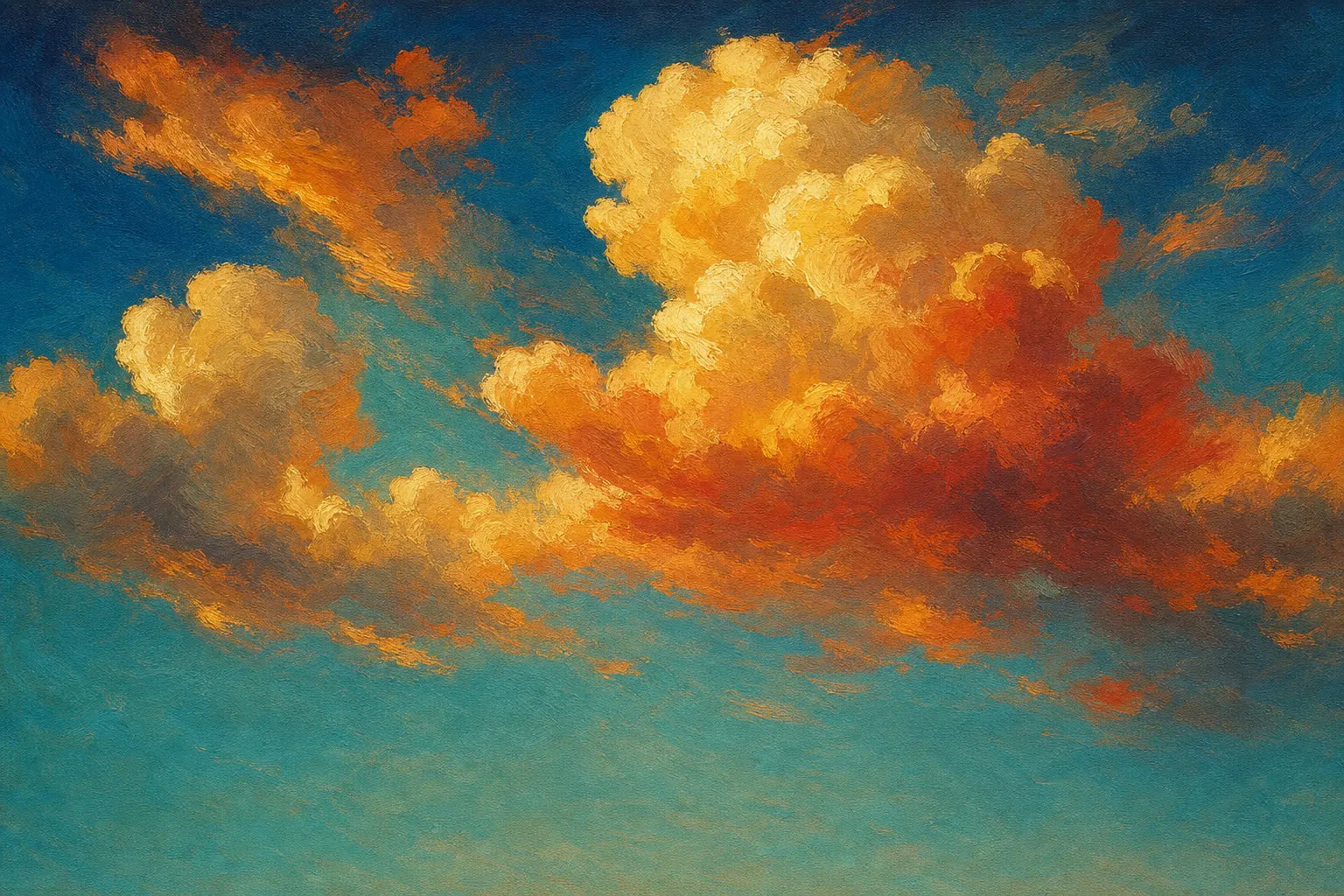 Oil study of terracotta and gold clouds against a deep blue sky