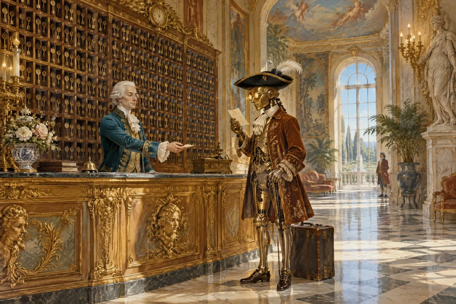 Oil painting of a chateau hotel lobby, a concierge handing a small card to a brass automaton guest in a tricorn hat