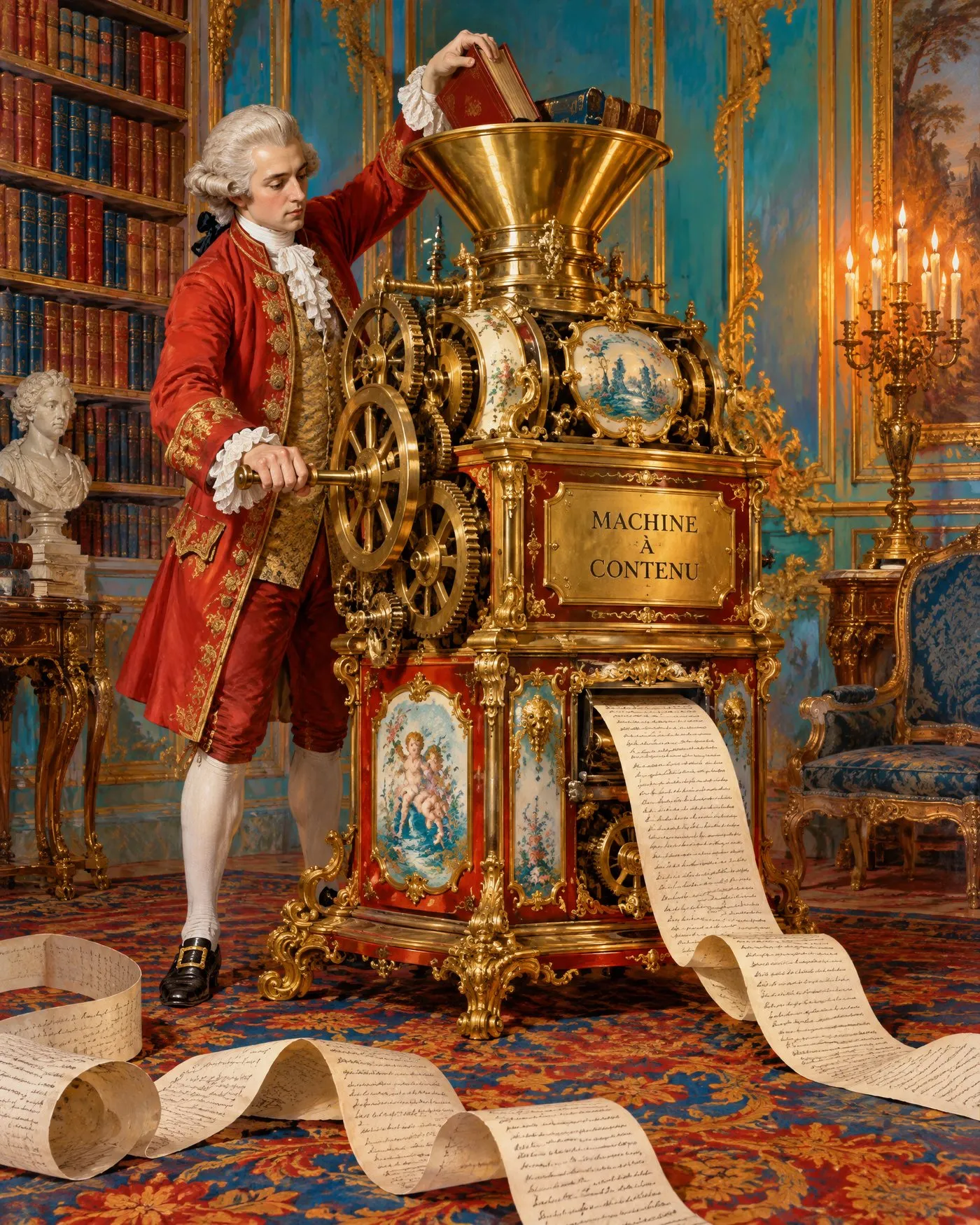 Rococo painting of a gilded brass and porcelain machine with a plaque reading “Machine à contenu”; a clerk in red turns its crank and feeds in books while a ribbon of handwritten pages spills across the carpet
