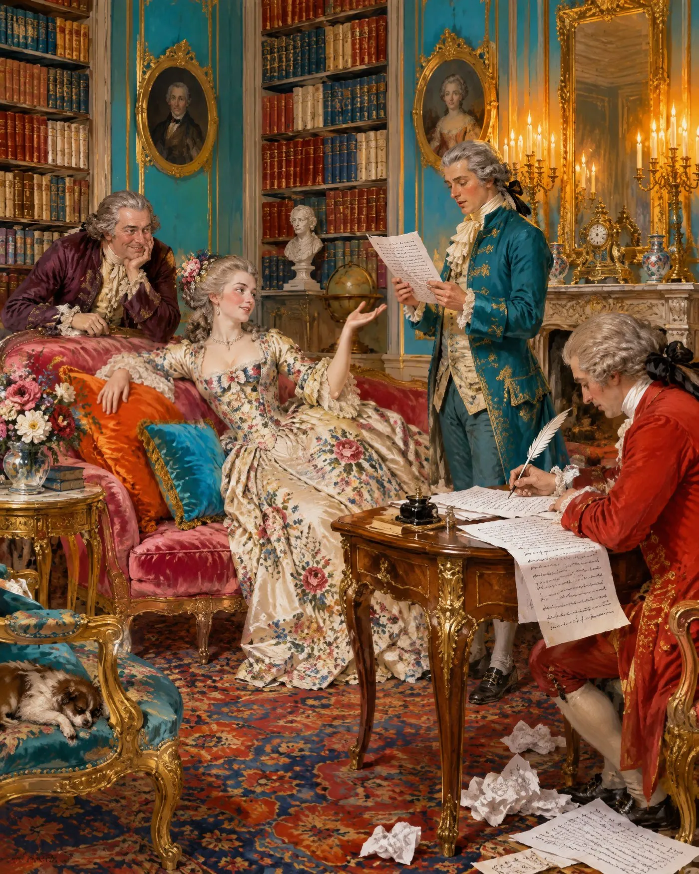 Rococo painting of a writers’ salon: a hostess on a pink chaise dictates while an author reads a page aloud and a secretary in red writes with a quill