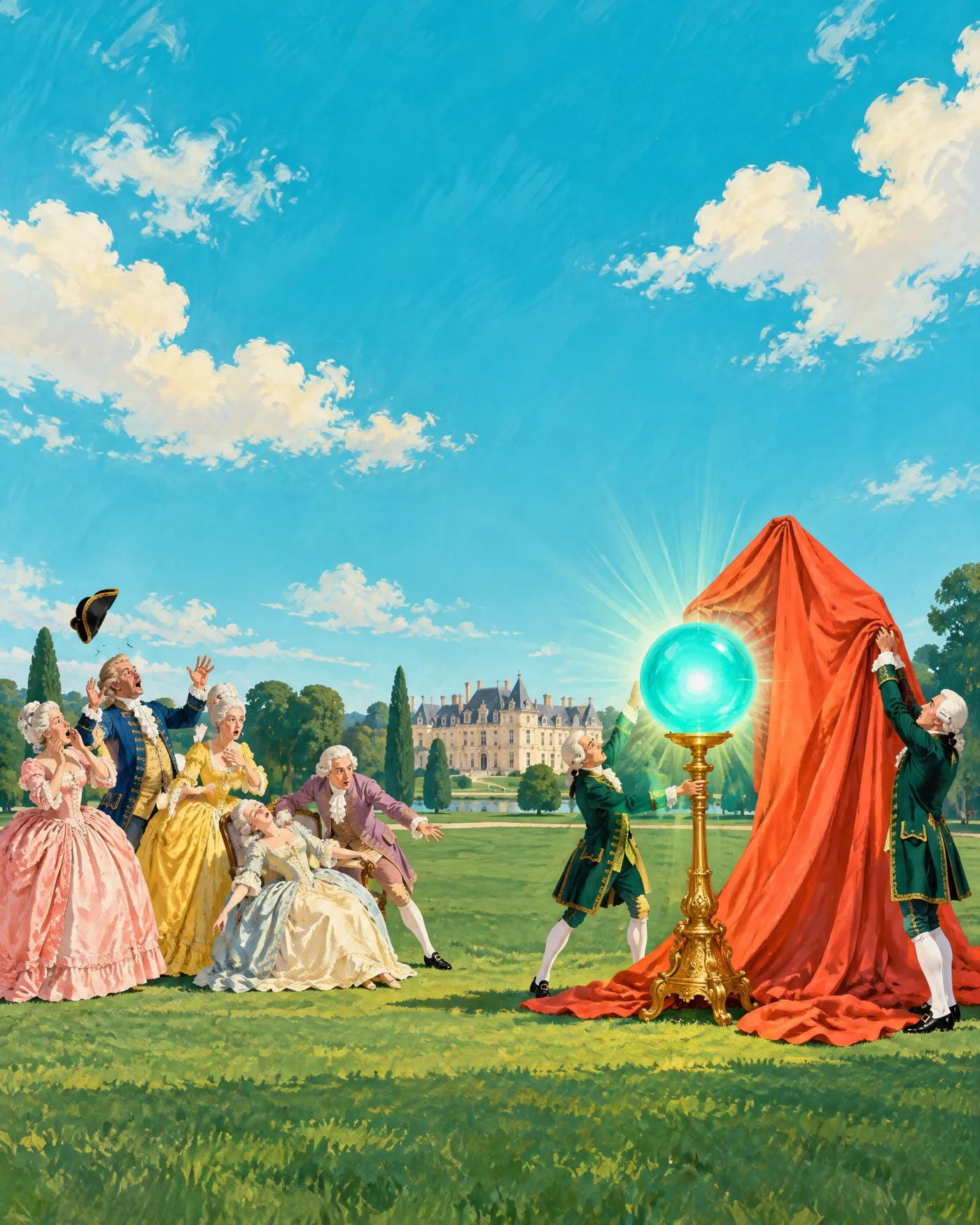 Painting of two footmen pulling a red drape off a glowing turquoise orb on a château lawn while guests gasp and one lady faints