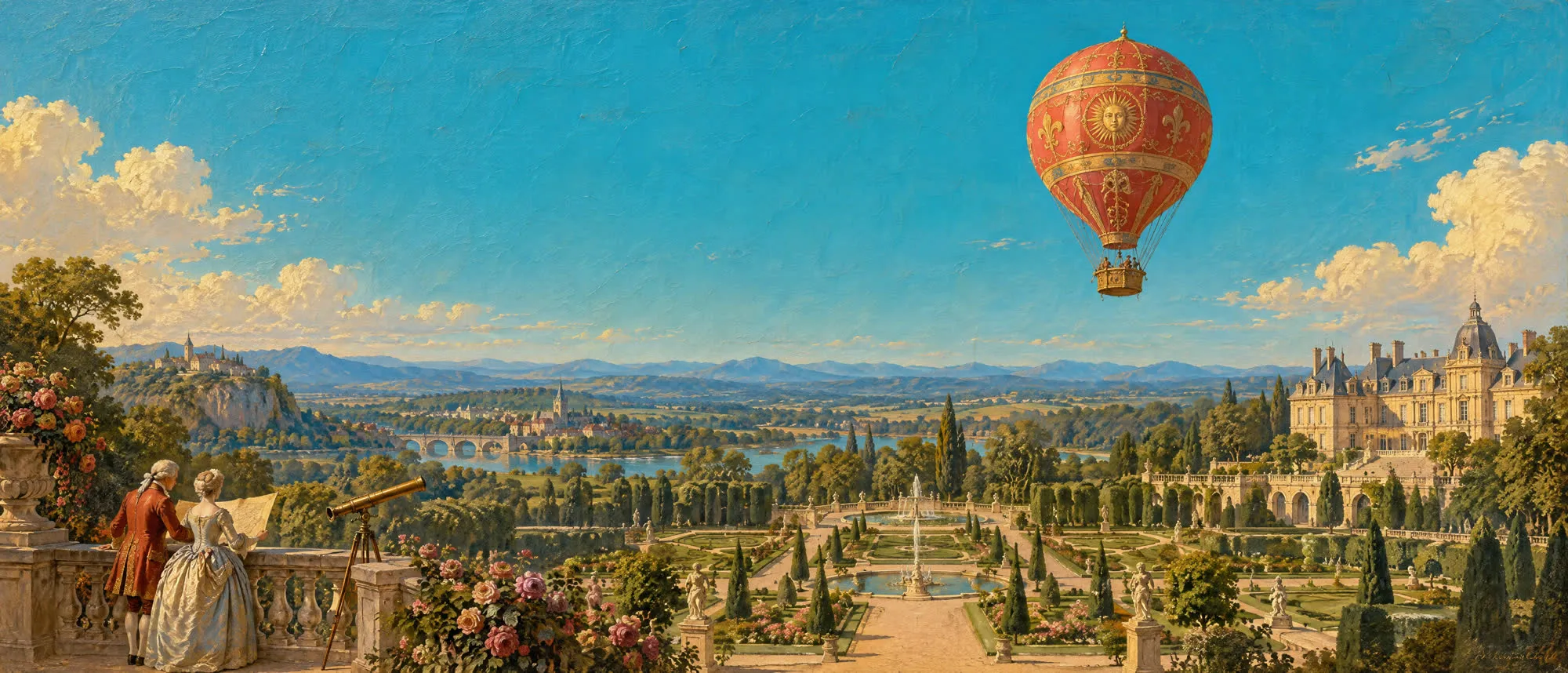 Oil panorama of formal château gardens and a distant river valley, with a red balloon rising in the sky