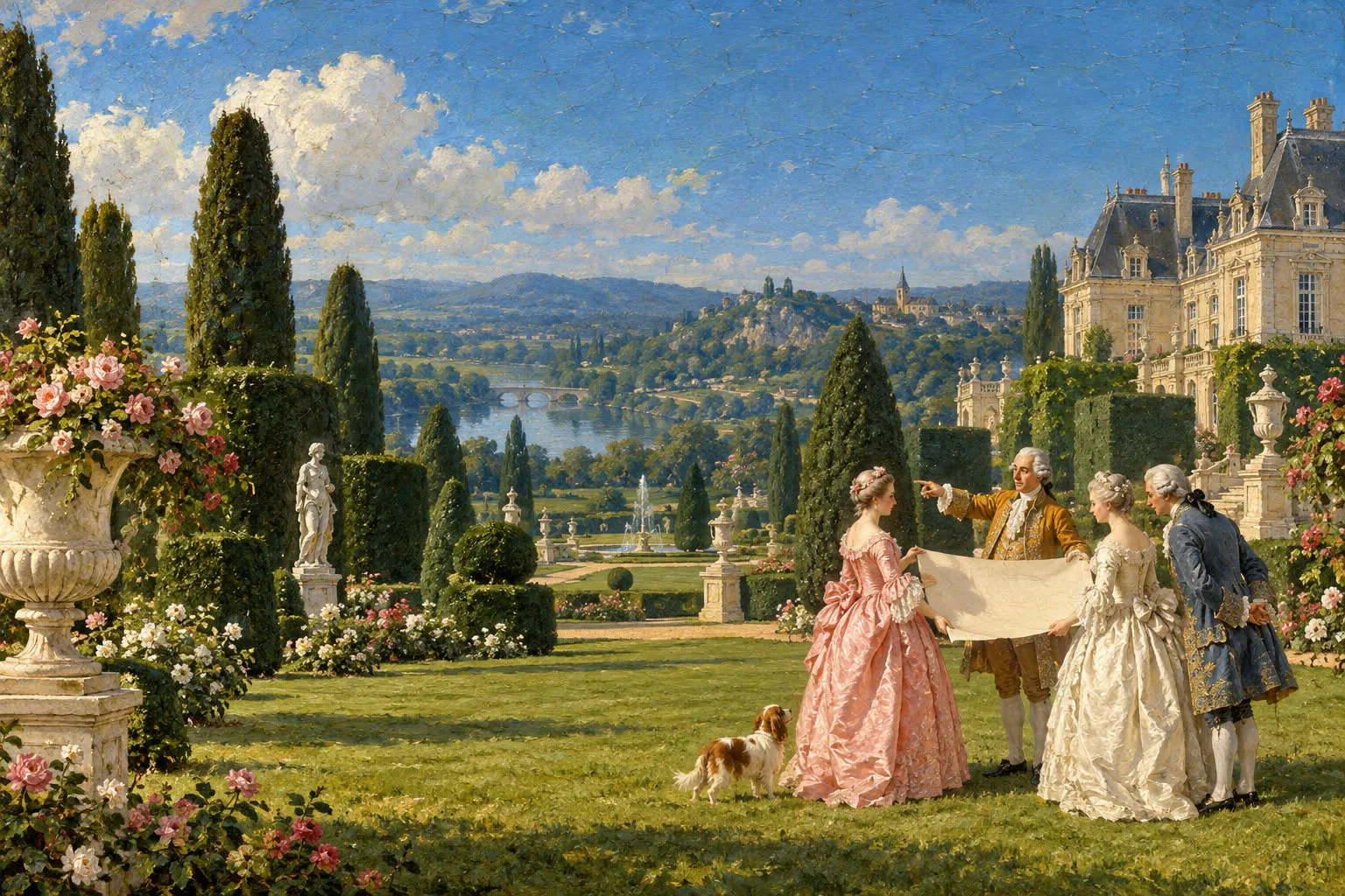 Oil painting of four guests on a château lawn unrolling a large chart between them