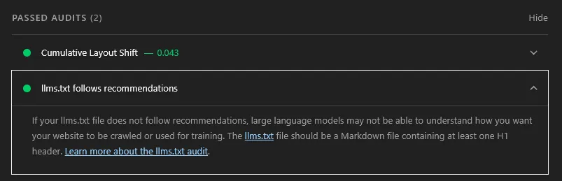 Lighthouse Passed audits list with “llms.txt follows recommendations” expanded, explaining that the file should be Markdown with at least one H1 header