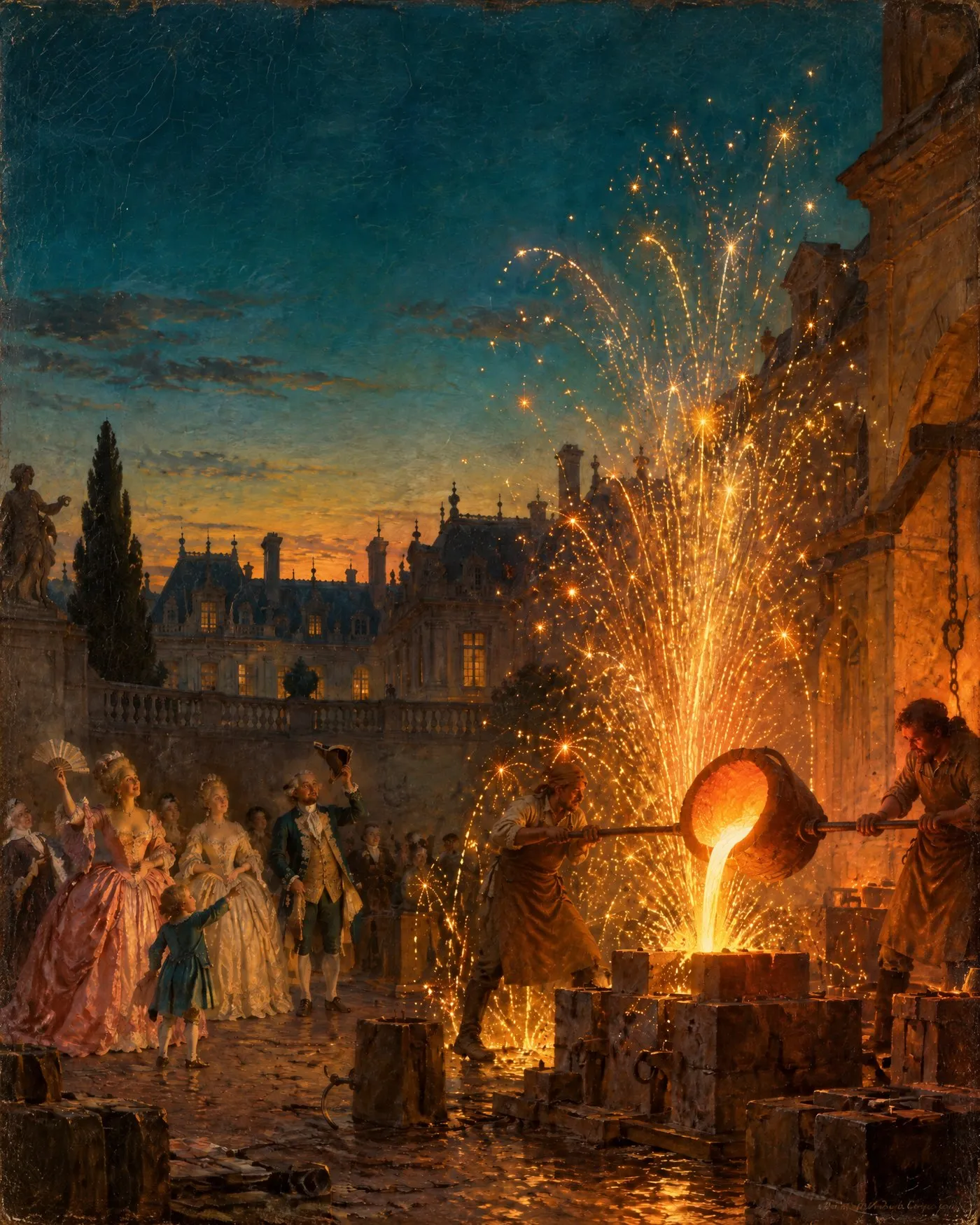 Oil painting of a château foundry courtyard at dusk: two foundrymen tilt a crucible of molten bronze into a mould while a fountain of sparks rises like fireworks and courtiers cheer