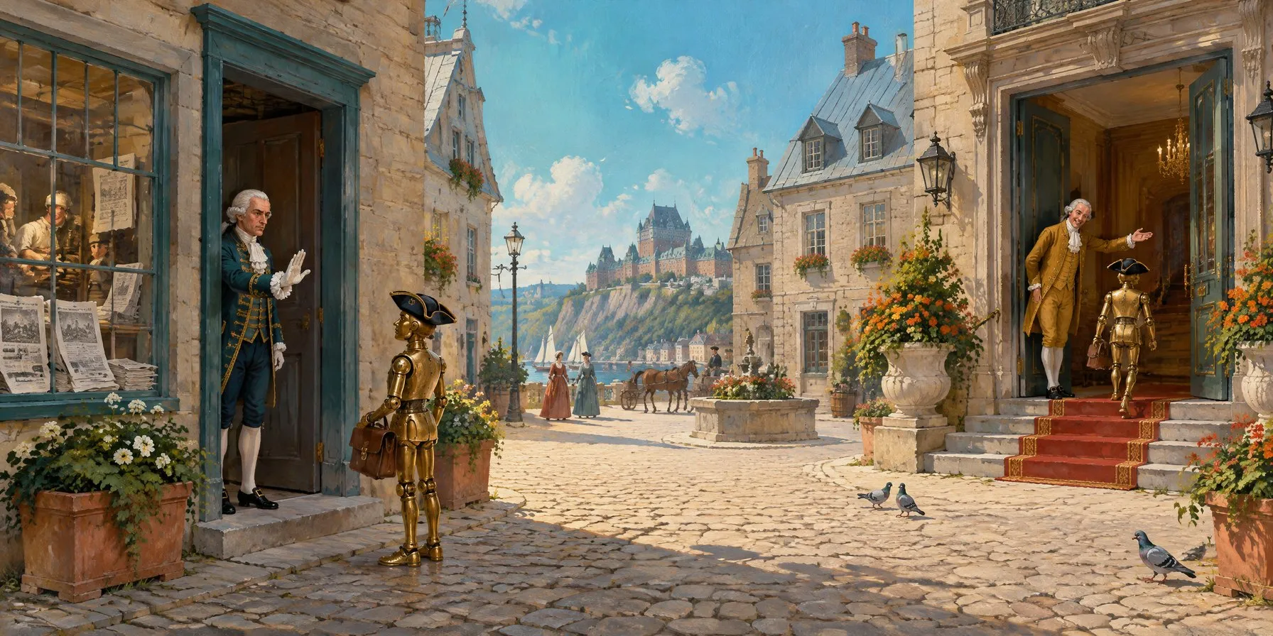 Oil painting of a sunlit cobbled square in an old Quebec town: a footman in a teal livery coat raises his hand to stop a brass automaton at a printing house full of newspapers, while across the square a clerk in a mustard coat waves another automaton up a red carpet into a grand counting house