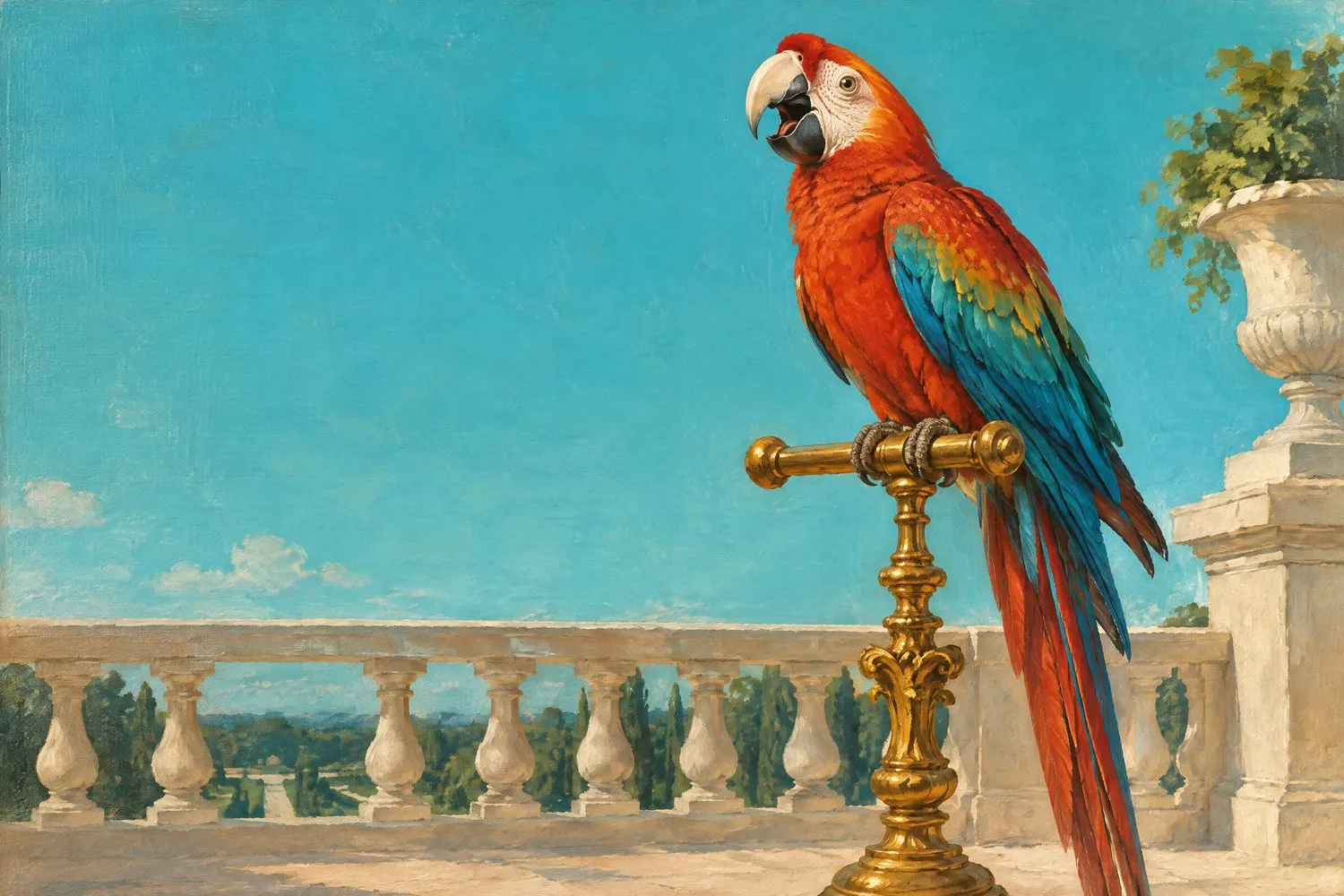 Oil painting of a scarlet macaw on a gilded brass perch on a sunlit chateau terrace, beak open mid-phrase, against a wide turquoise sky above a stone balustrade and formal gardens