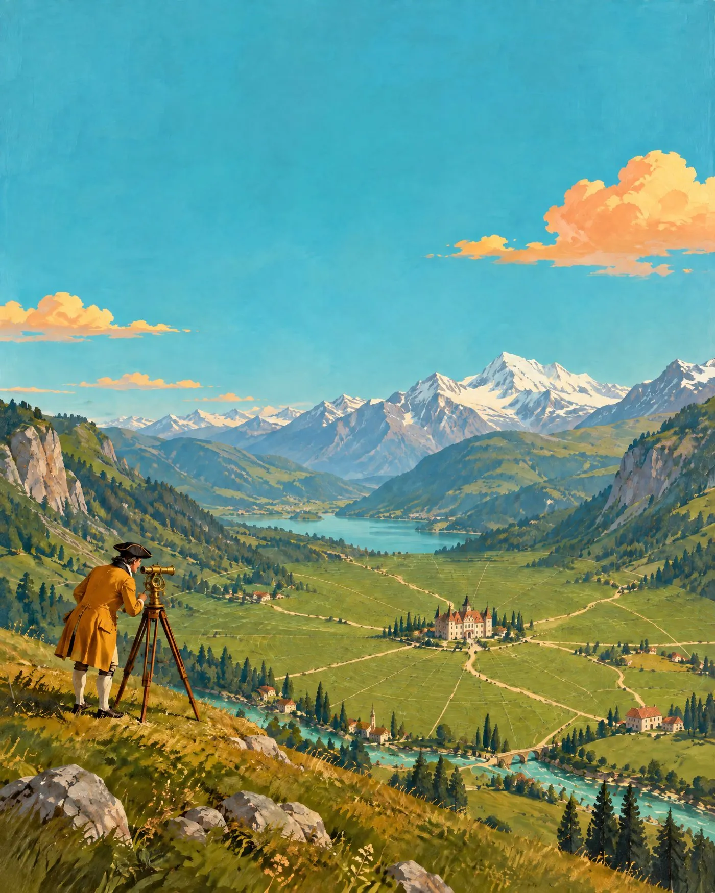 Painting of a surveyor in a mustard coat at a brass theodolite on an alpine ridge, looking over a valley whose roads all lead to one château