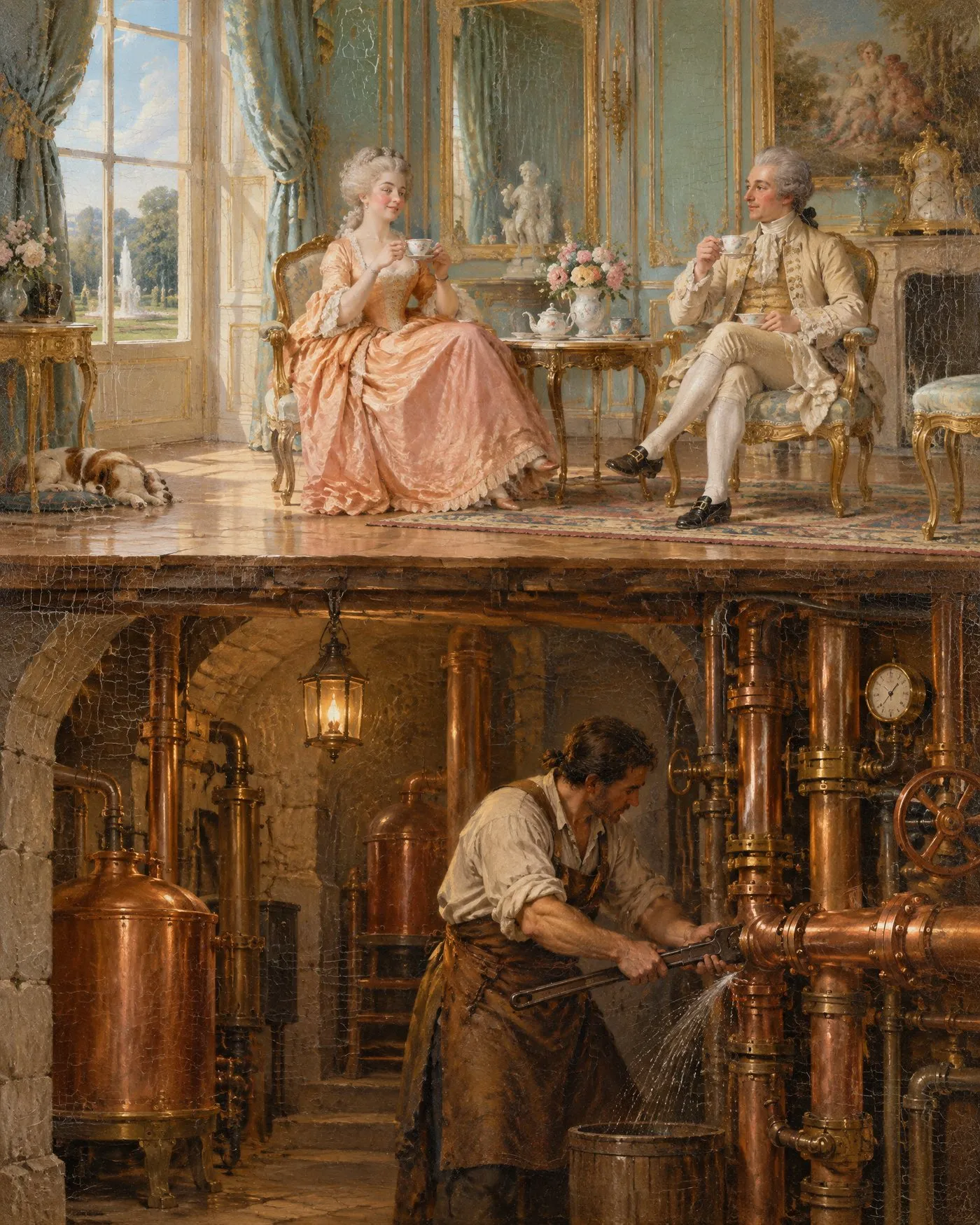 Peinture en coupe d’un château : des courtisans prennent le thé dans un salon ensoleillé tandis que, sous le plancher, un ingénieur répare à la lueur d’une lanterne un tuyau de laiton qui fuit